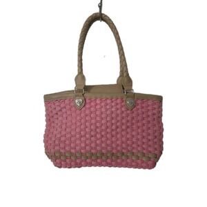 Vintage Fabric Lined Woven Shoulder Handbag Purse Tote Pink Brown 14" x 8"